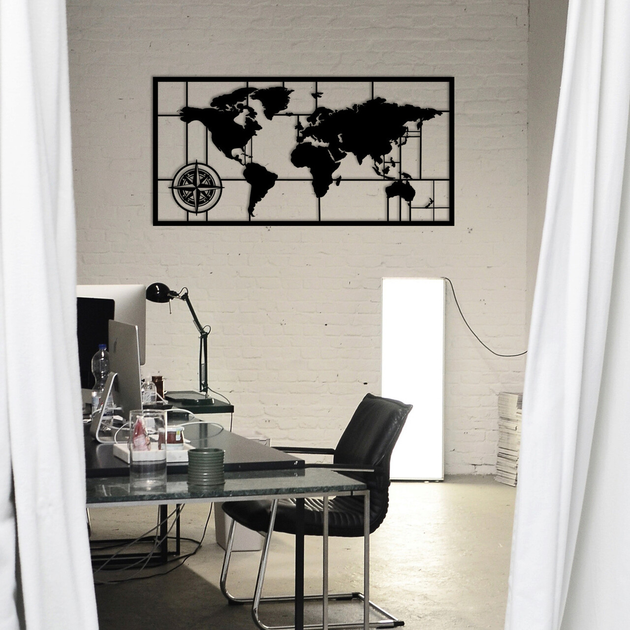 Decoratiune de perete, World Map Metal Decor 7, metal, 121 x 60 cm, negru - imagine 7